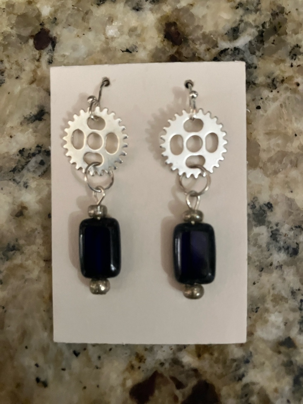 Silver Gear Dangle Earrings with Deep Blue Beads